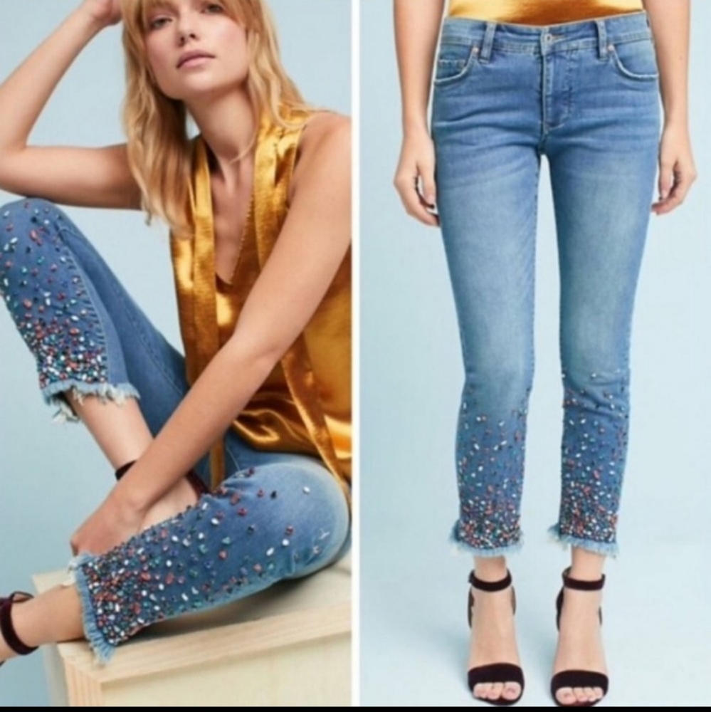 Pilcro and the Letterpress Gemstone slim Straight trim Embellished Jeans size 26
